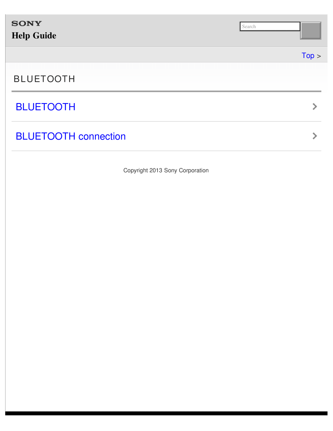 Sony DR-BTN200 manual BLUETOOTH BLUETOOTH connection, Bluetooth, Help Guide, Top, Copyright 2013 Sony Corporation, Search 