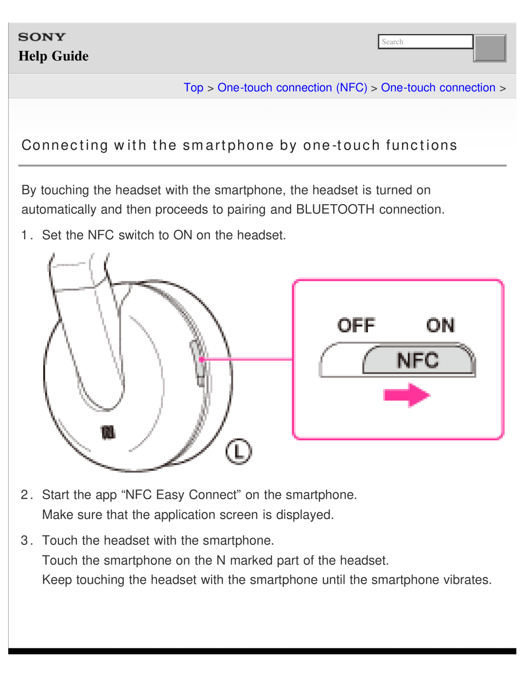 Sony DR-BTN200 manual Help Guide, Set the NFC switch to ON on the headset 