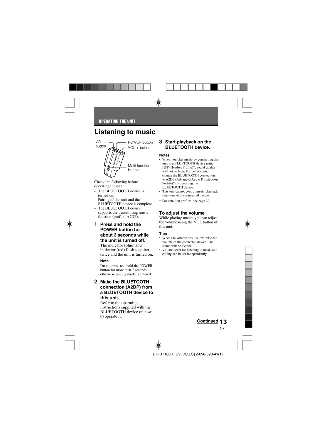 Sony DRBT10CX operating instructions Listening to music, Start playback on the Bluetooth device, To adjust the volume 