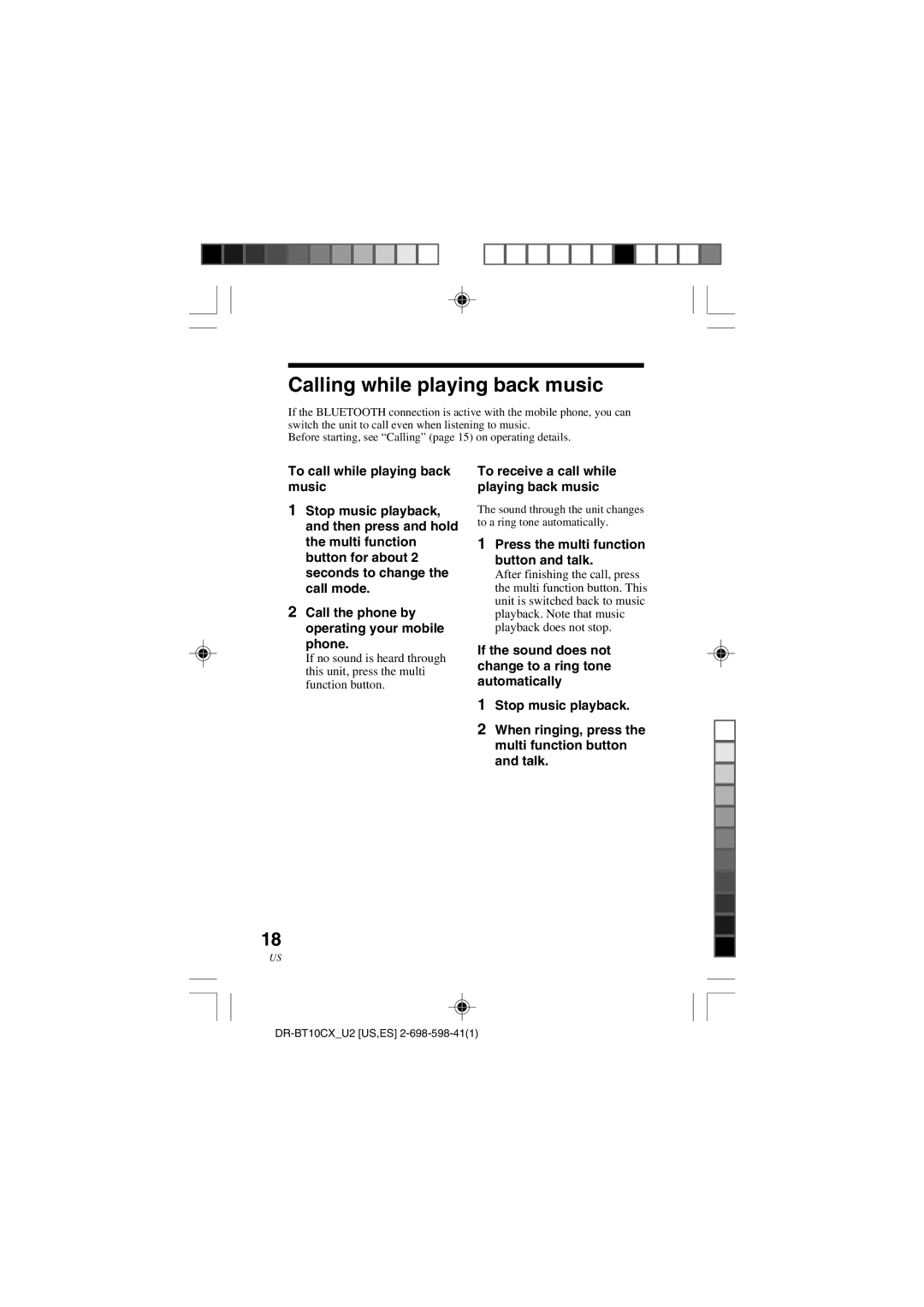 Sony DRBT10CX operating instructions Calling while playing back music, To receive a call while playing back music 