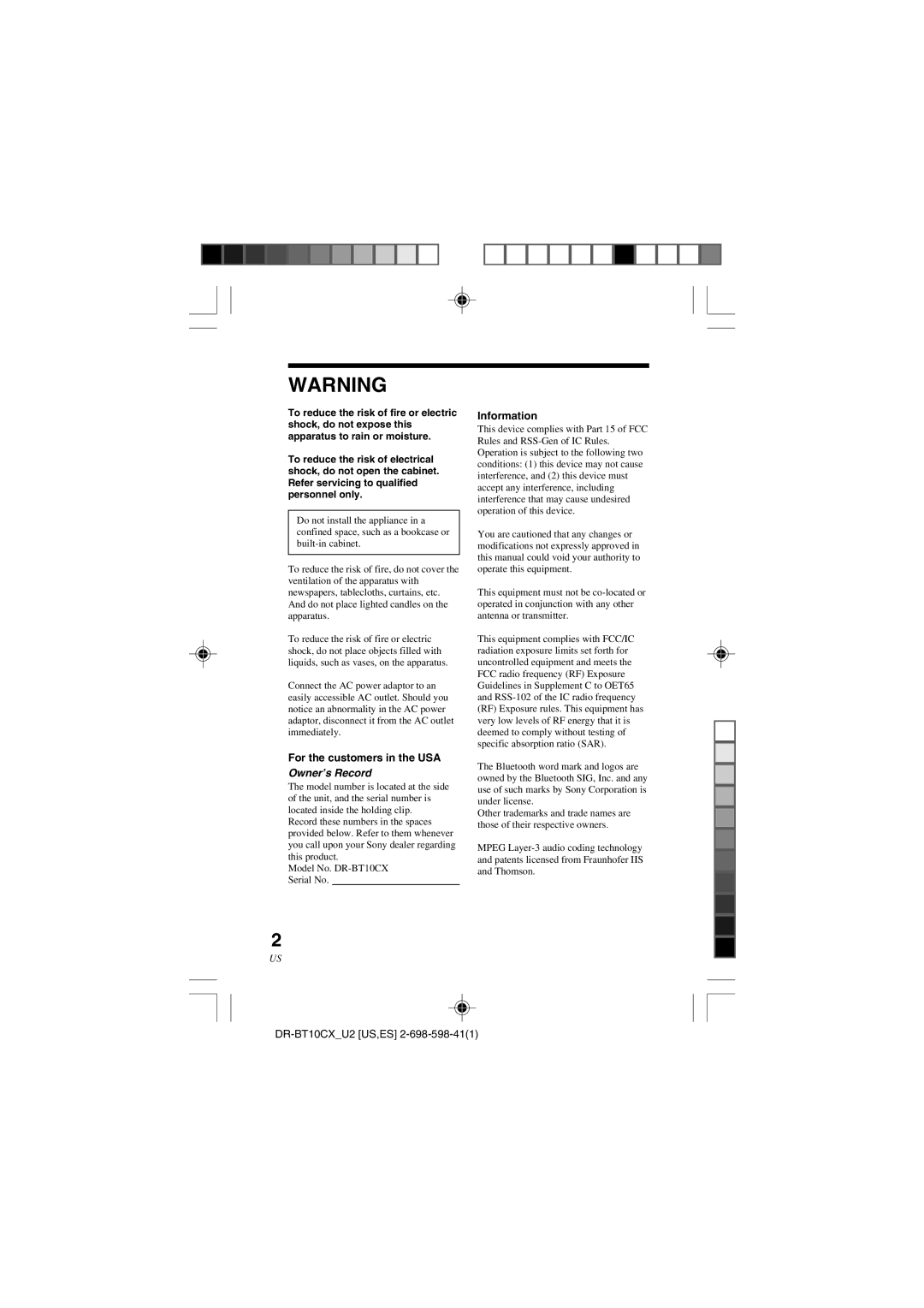 Sony DRBT10CX operating instructions For the customers in the USA, Information 