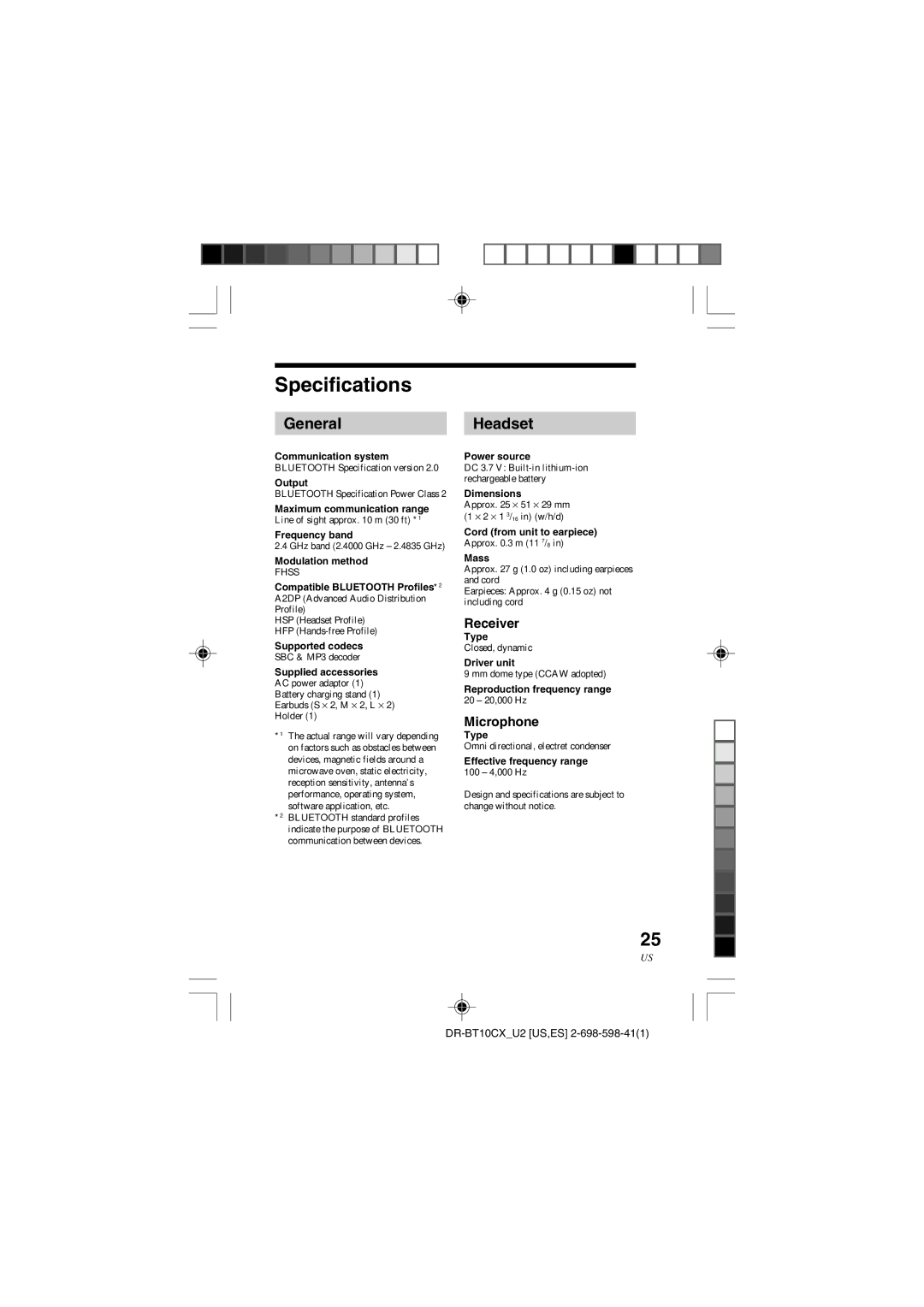 Sony DRBT10CX operating instructions Specifications, General, Headset, Receiver 