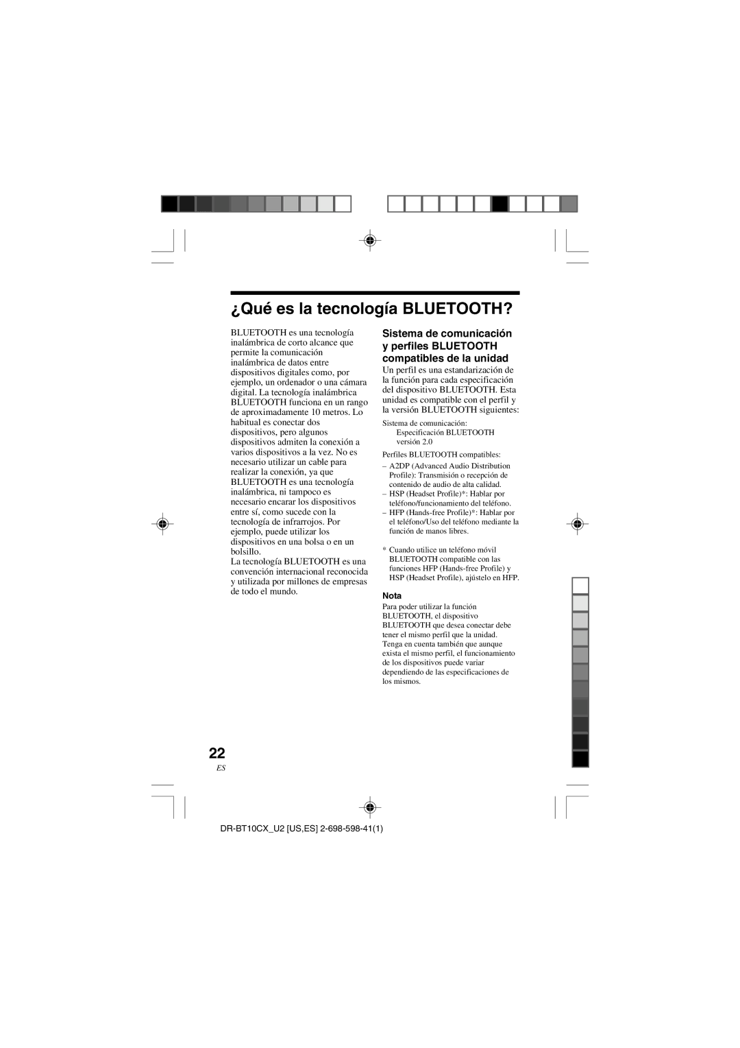 Sony DRBT10CX operating instructions ¿Qué es la tecnología BLUETOOTH?, Nota 