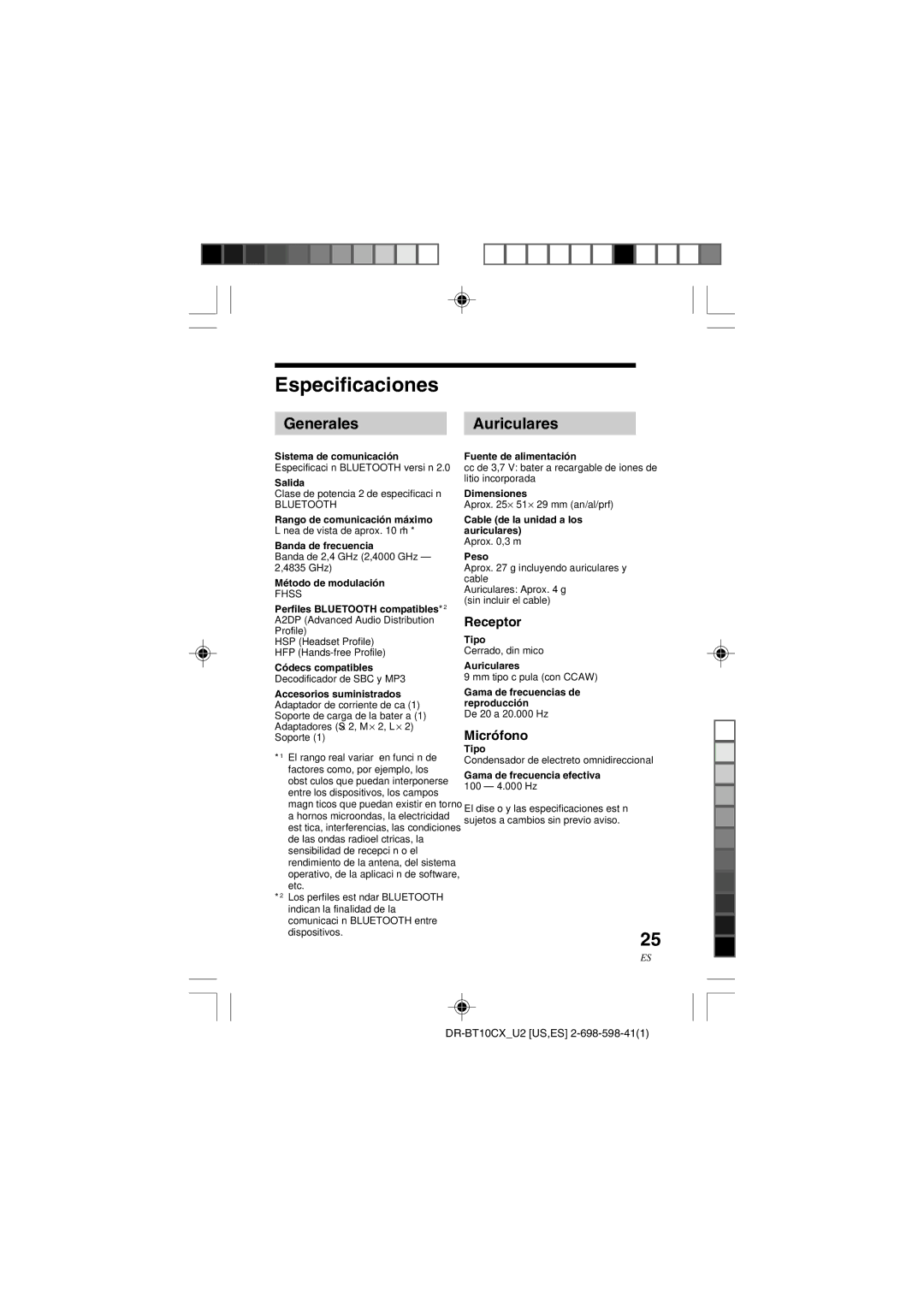 Sony DRBT10CX operating instructions Especificaciones, Generales, Auriculares, Receptor 