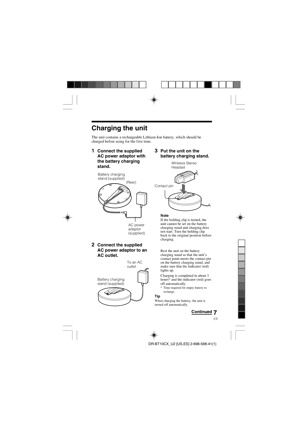 Sony DRBT10CX operating instructions Charging the unit, Connect the supplied AC power adaptor to an AC outlet, Tip 