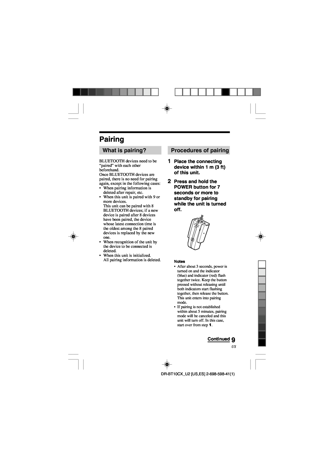 Sony DRBT10CX operating instructions Pairing, What is pairing?, Procedures of pairing, Continued9 