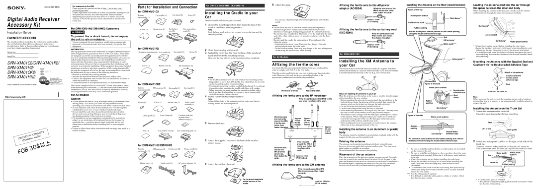 Sony DRN-XM01HK2, DRN-XM01CK2, DRN-XM01R2 warranty Parts for Installation and Connection, Installing the Cradle in your Car 