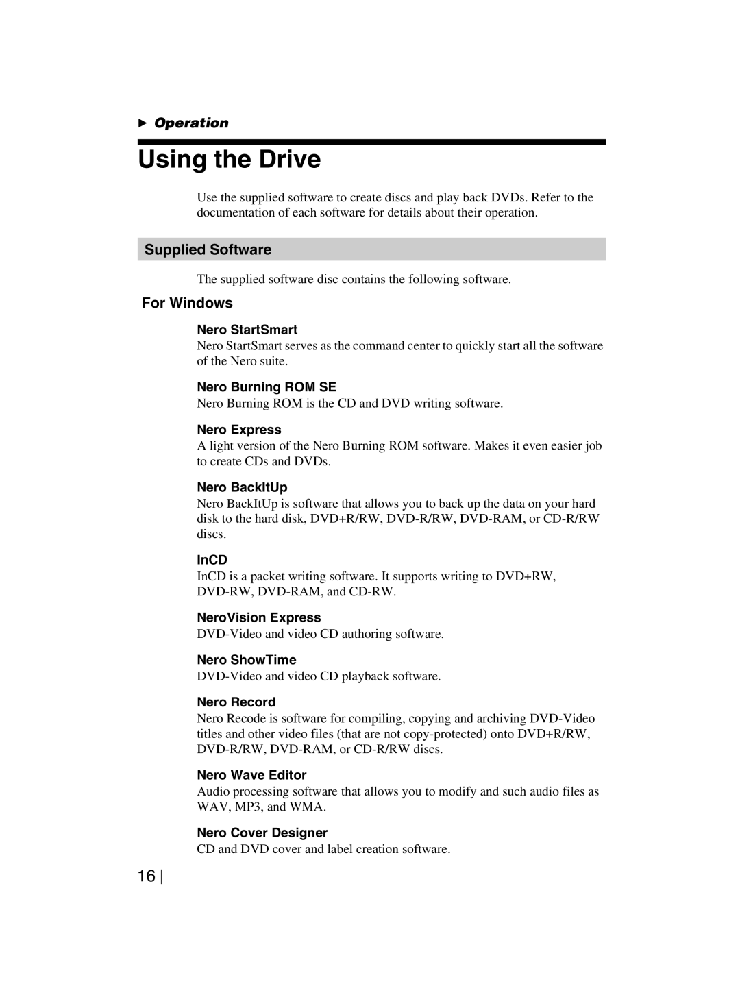 Sony DRX-820UL-T manual Using the Drive, Supplied Software, For Windows 