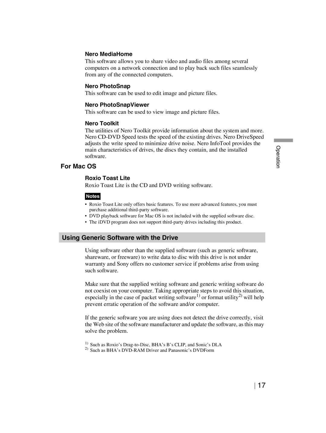 Sony DRX-820UL-T manual For Mac OS, Using Generic Software with the Drive 