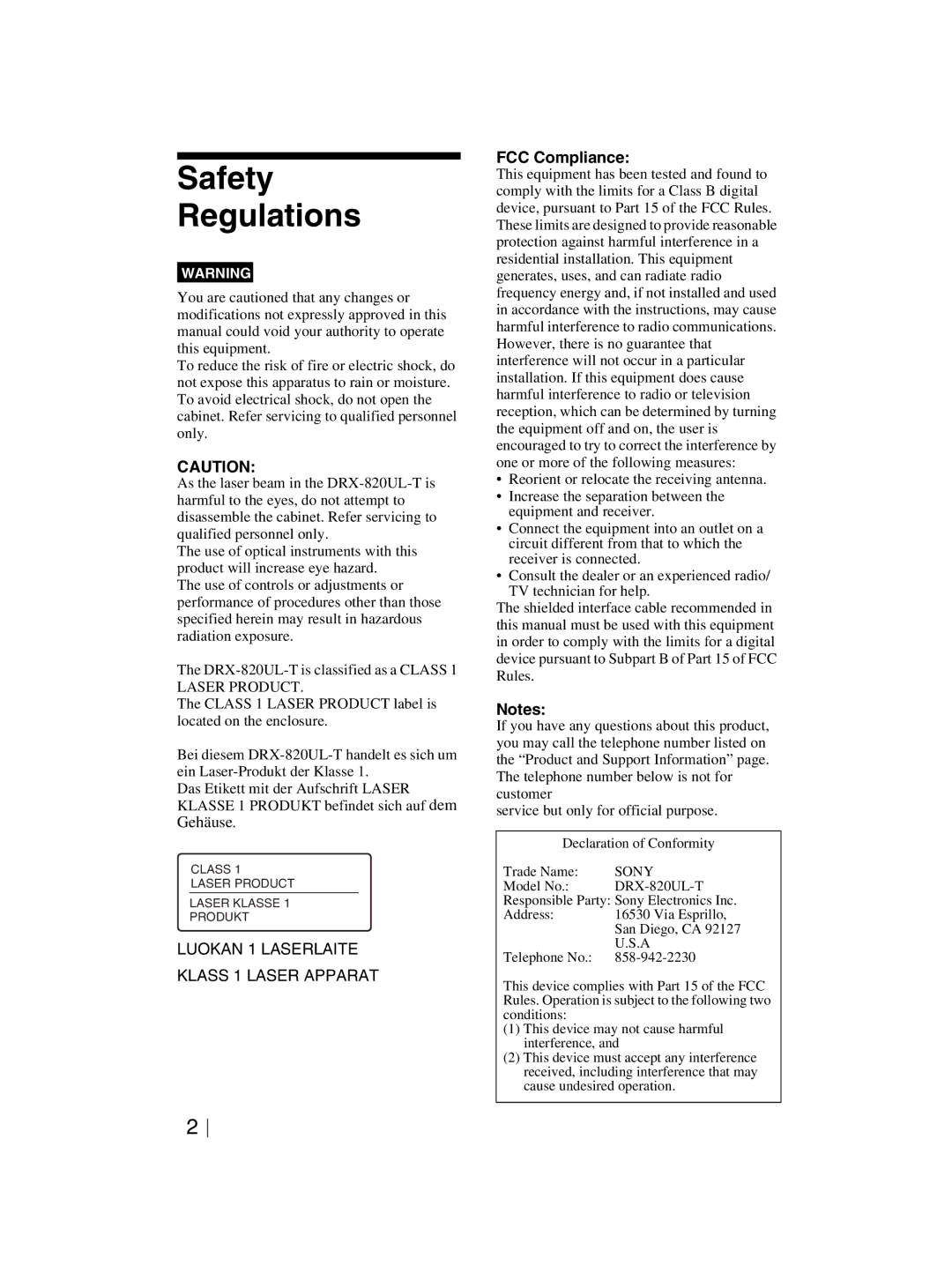 Sony DRX-820UL-T manual Safety Regulations, FCC Compliance 