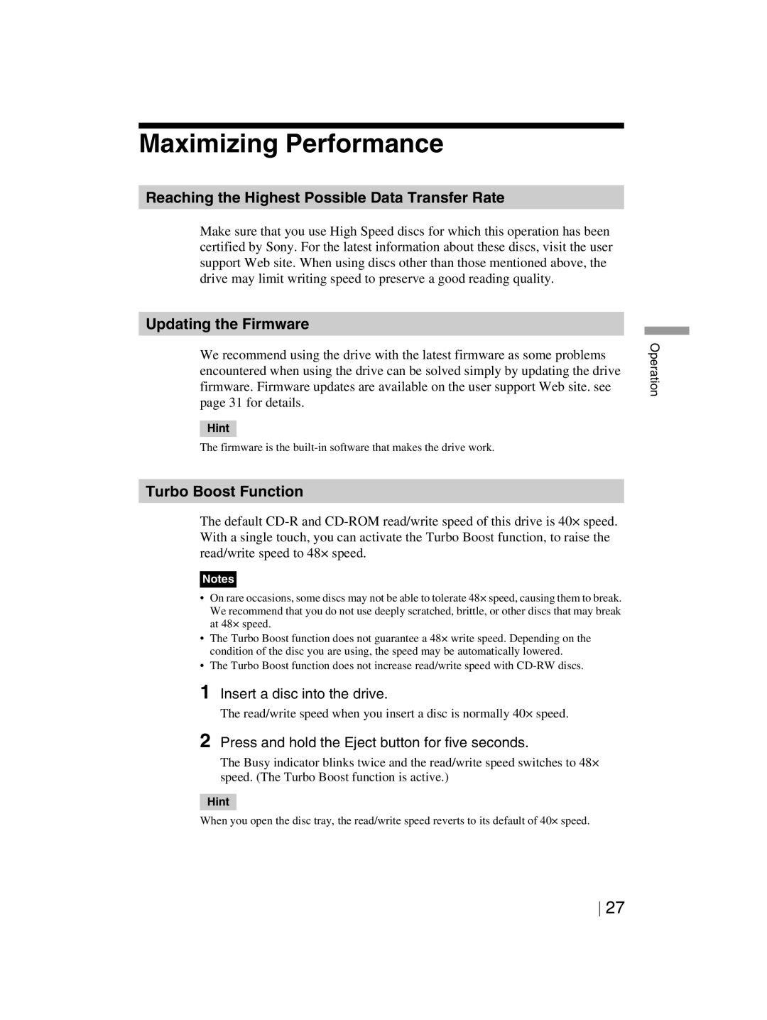 Sony DRX-820UL-T manual Maximizing Performance, Reaching the Highest Possible Data Transfer Rate, Updating the Firmware 