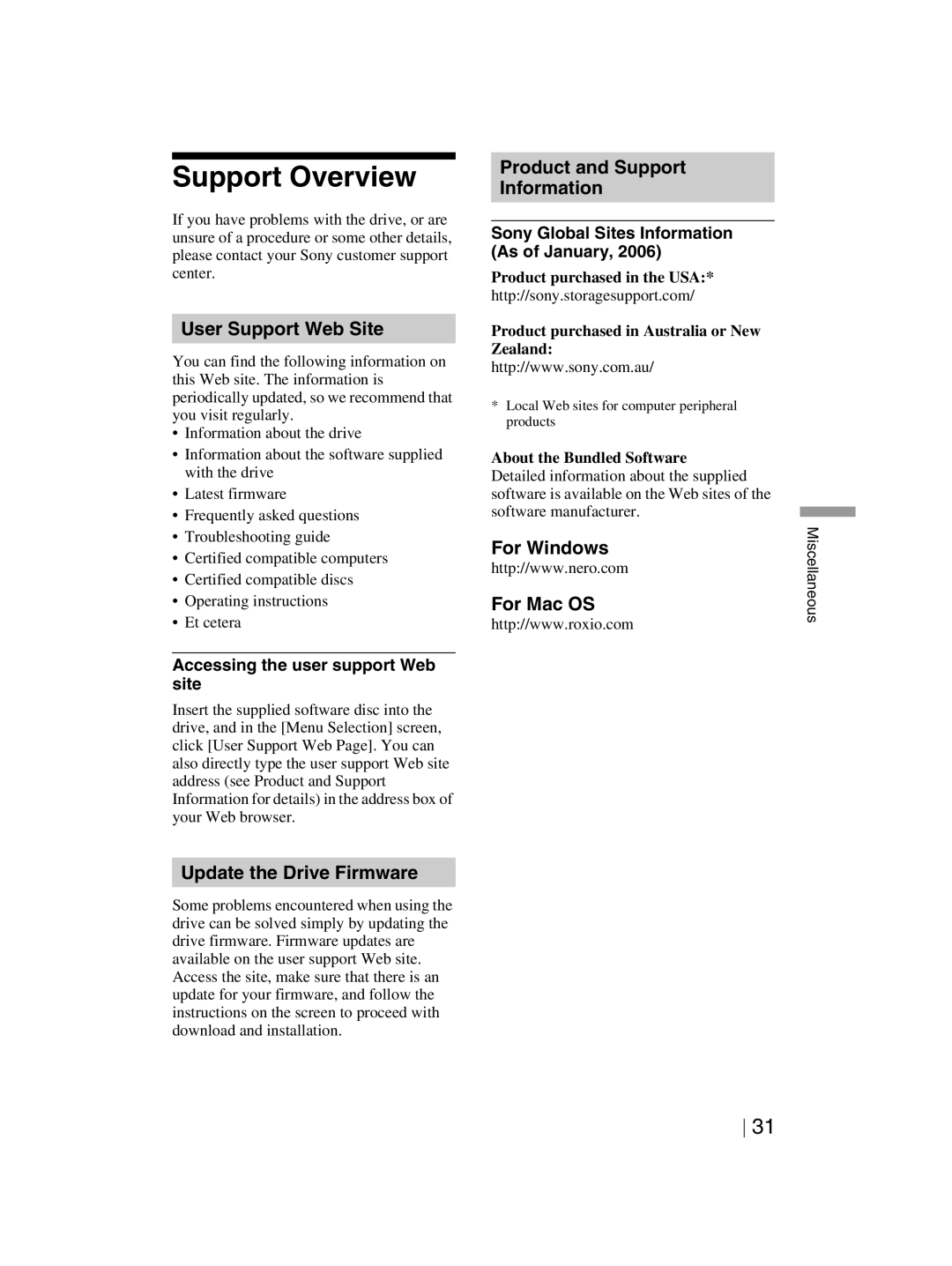 Sony DRX-820UL-T User Support Web Site, Update the Drive Firmware, Product and Support Information, For Windows For Mac OS 