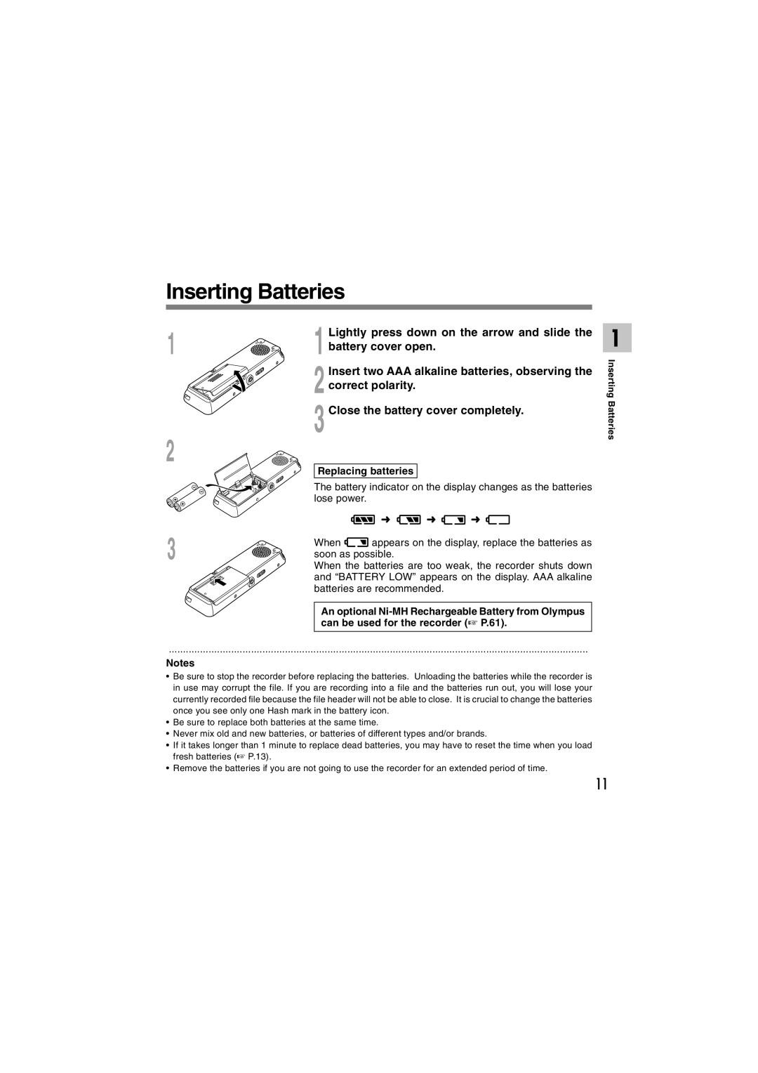 Sony DS-2 manual Inserting Batteries, Lightly press down on the arrow and slide, Battery cover open, Replacing batteries 