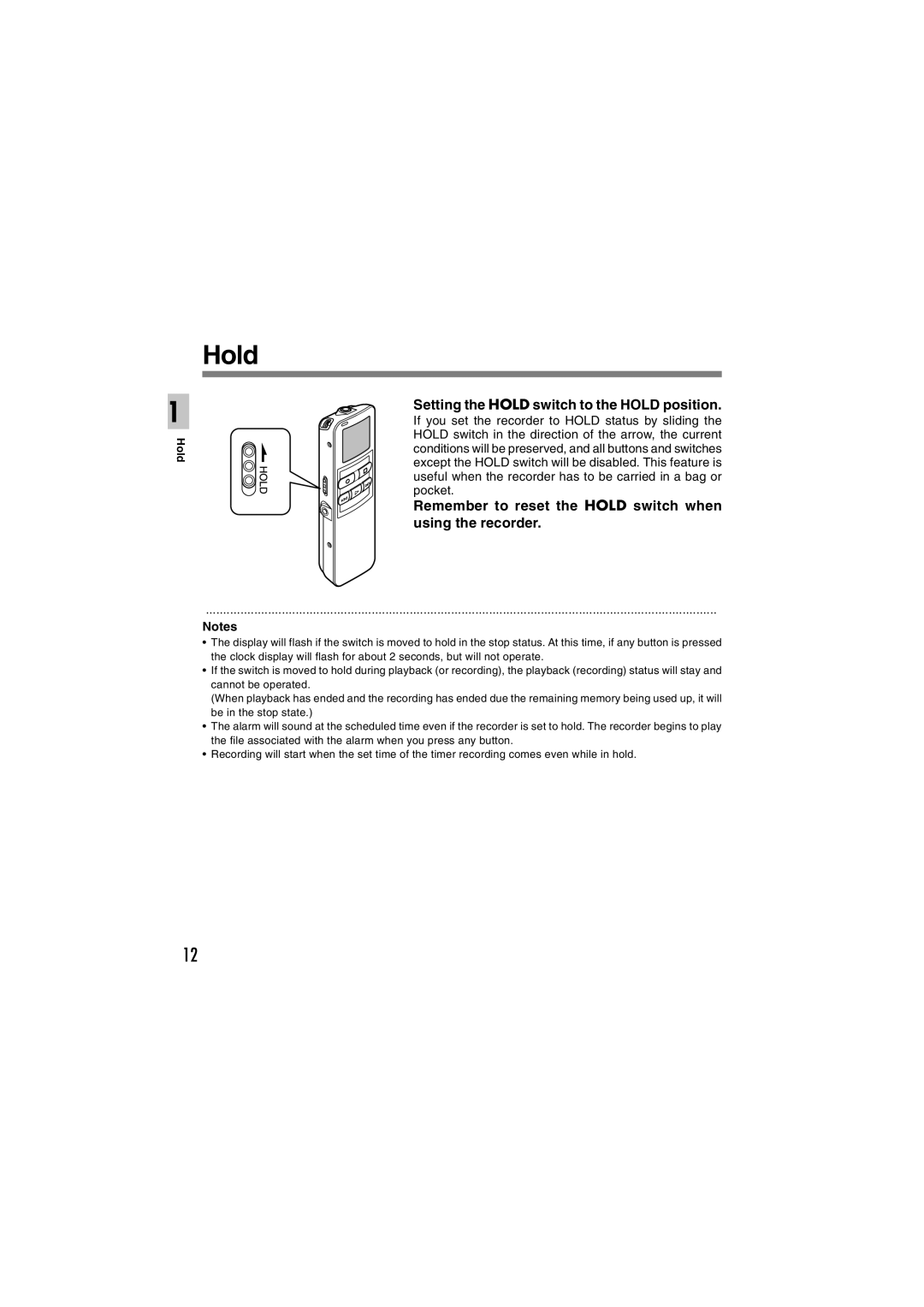 Sony DS-2 Setting the Hold switch to the Hold position, Remember to reset the Hold switch when using the recorder 