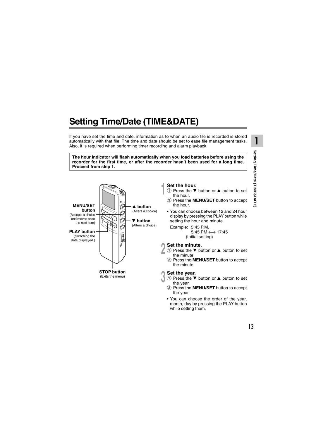 Sony DS-2 manual Setting Time/Date TIME&DATE, Set the hour, Set the minute, Set the year 