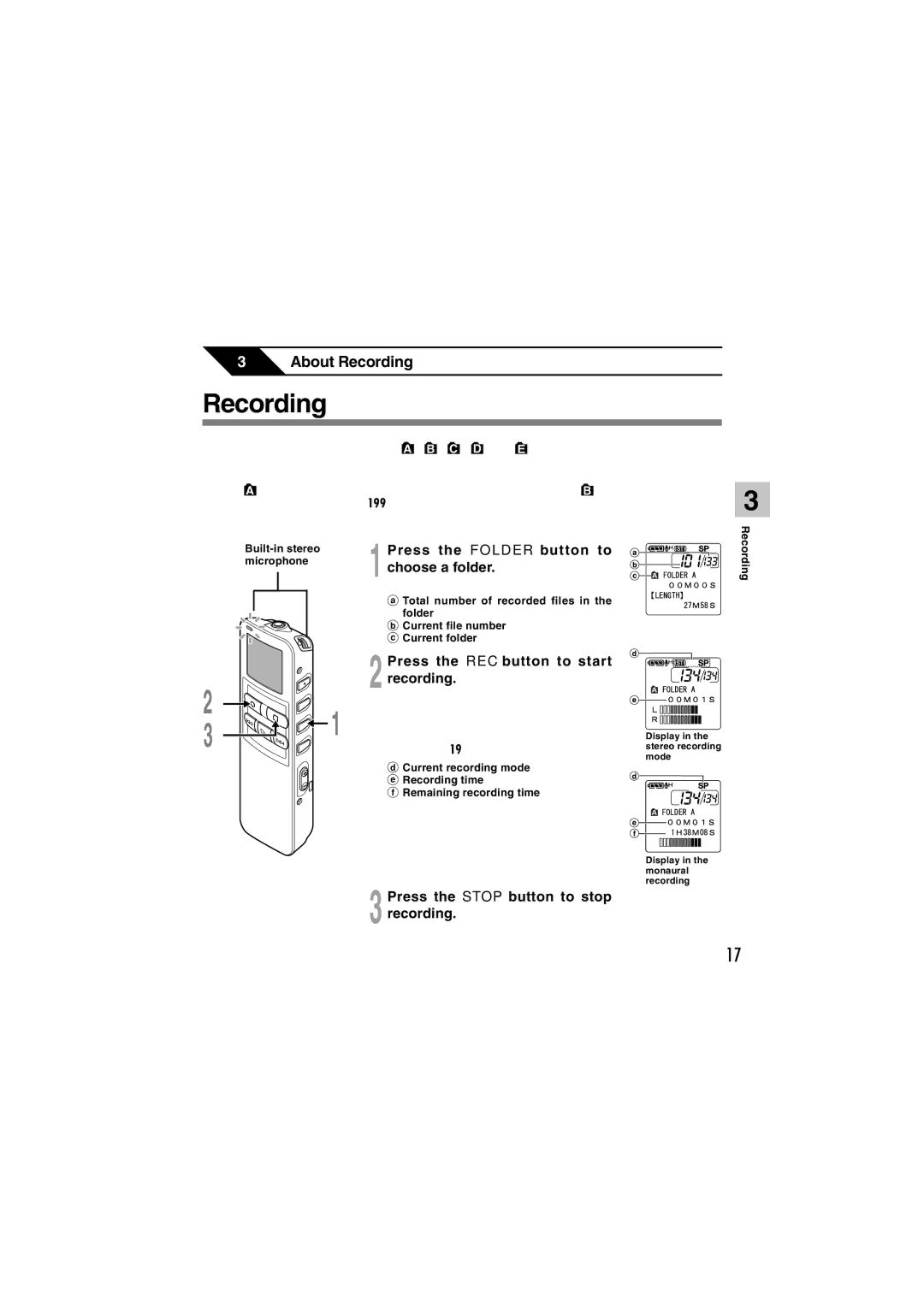 Sony DS-2 manual Recording, Press the Folder button to choose a folder, Press the REC button to start 