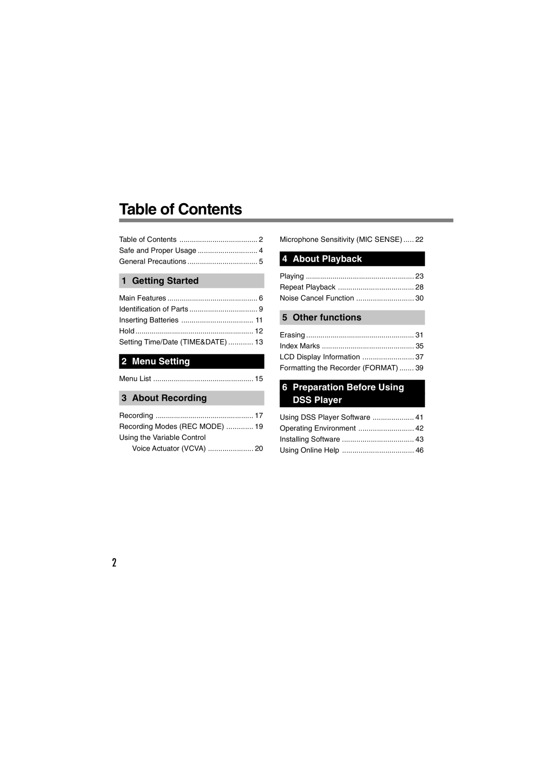 Sony DS-2 manual Table of Contents 