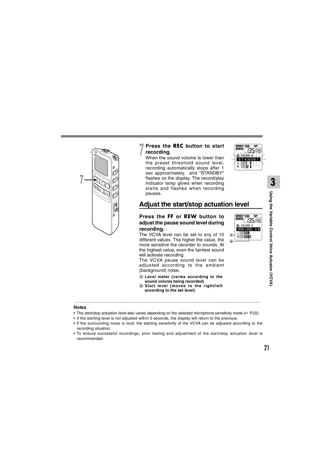 Sony DS-2 manual Adjust the start/stop actuation level, Press the REC button to start recording 