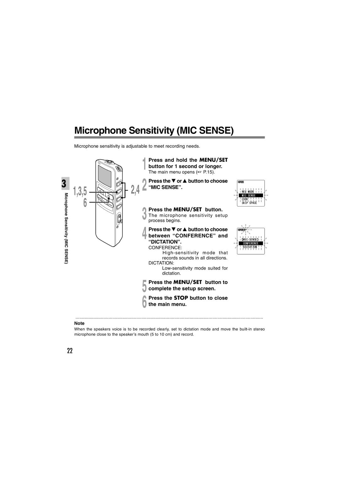 Sony DS-2 manual Microphone Sensitivity MIC Sense, Microphone sensitivity setup process begins 