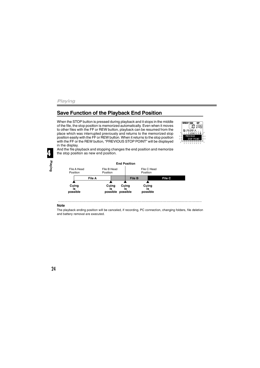 Sony DS-2 manual Save Function of the Playback End Position, Playing 