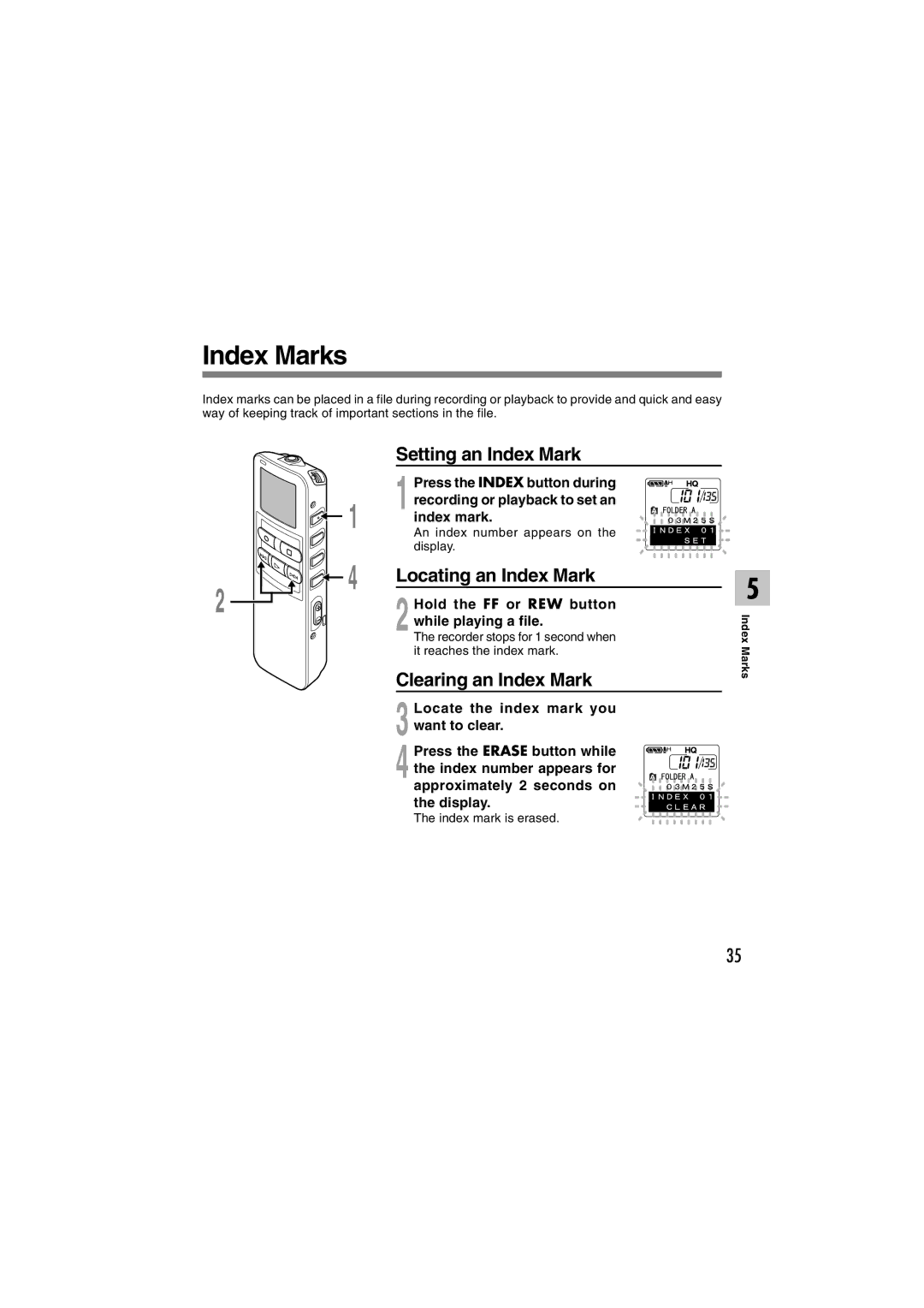 Sony DS-2 manual Index Marks, Setting an Index Mark, Locating an Index Mark, Clearing an Index Mark 