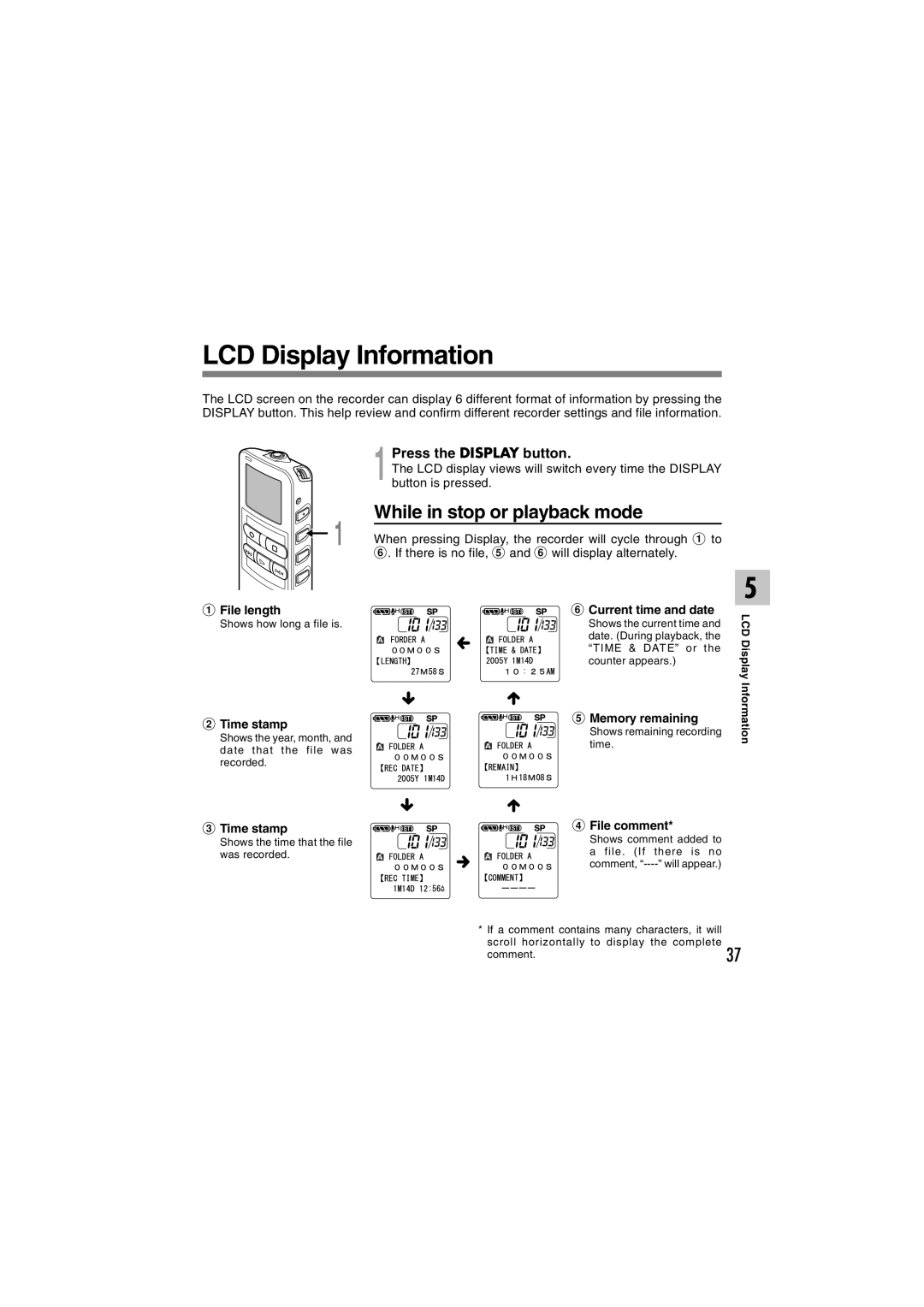 Sony DS-2 manual LCD Display Information, While in stop or playback mode, Press the Display button 