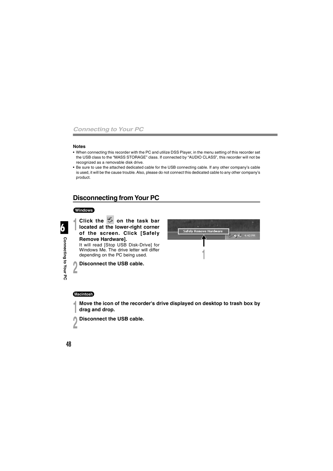 Sony DS-2 manual Disconnecting from Your PC, Connecting to Your PC, Disconnect the USB cable 