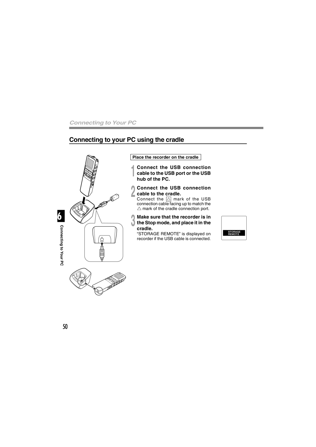 Sony DS-2 manual Connecting to your PC using the cradle, Place the recorder on the cradle, Connect Mark of the USB 