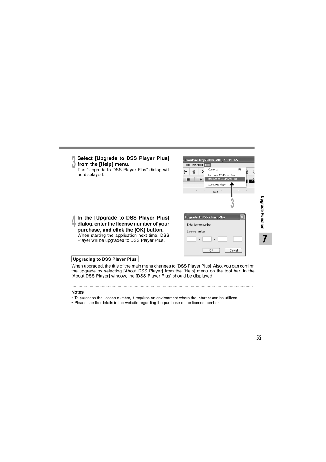 Sony DS-2 manual Select Upgrade to DSS Player Plus from the Help menu, Upgrade to DSS Player Plus dialog will be displayed 