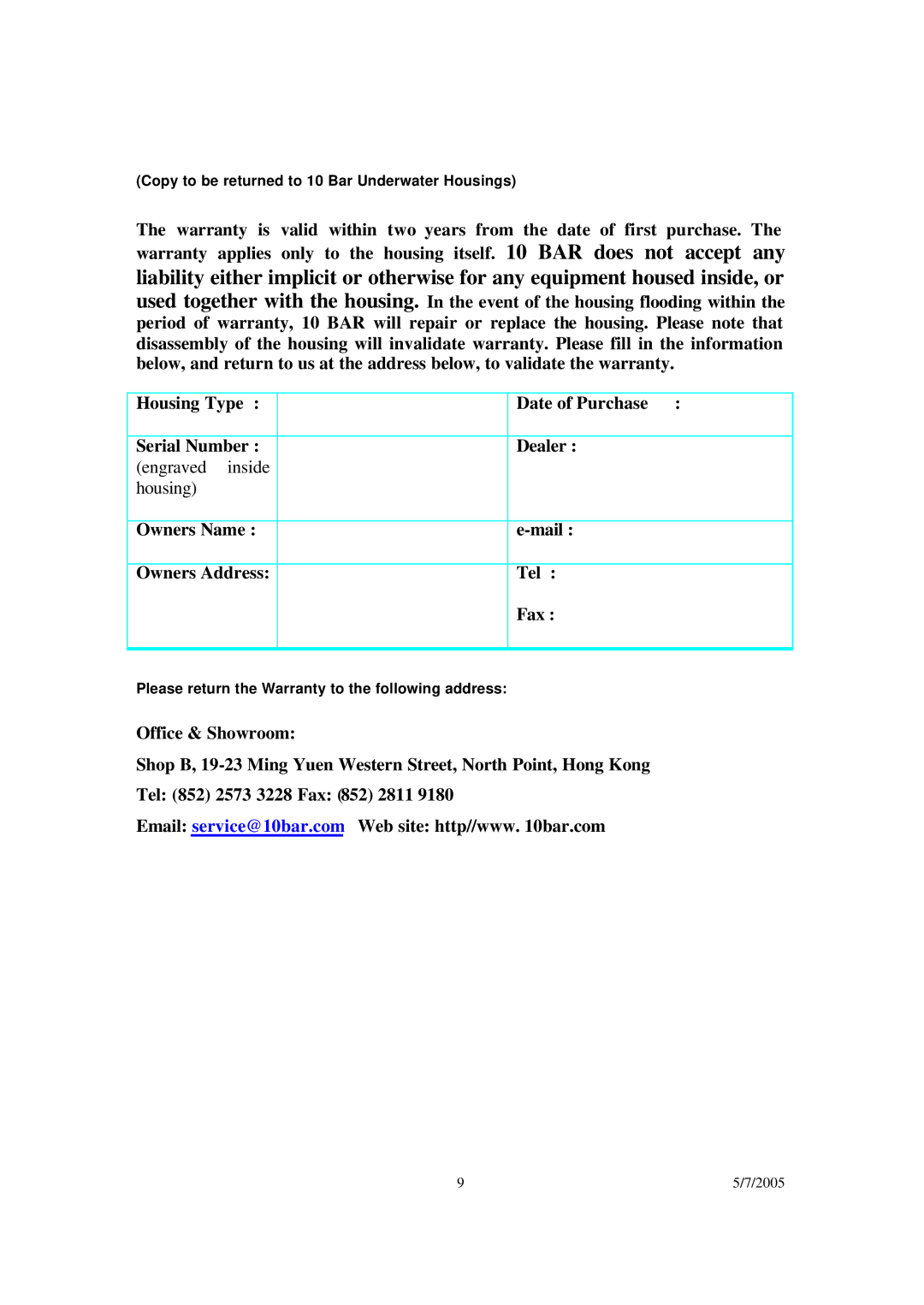 Sony DSC-F707 / 717 user manual Copy to be returned to 10 Bar Underwater Housings 