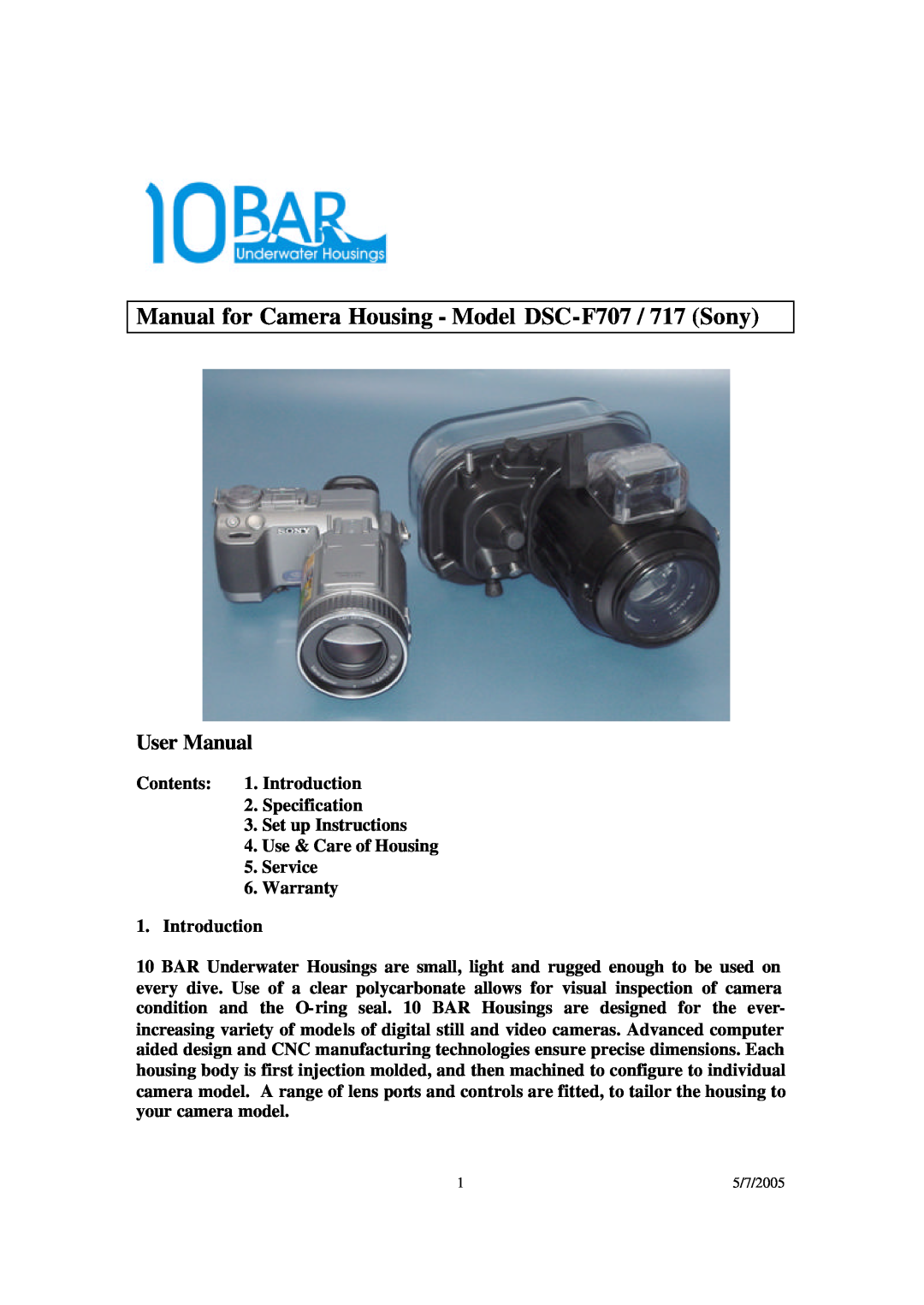 Sony user manual User Manual, Manual for Camera Housing - Model DSC-F707 / 717 Sony 