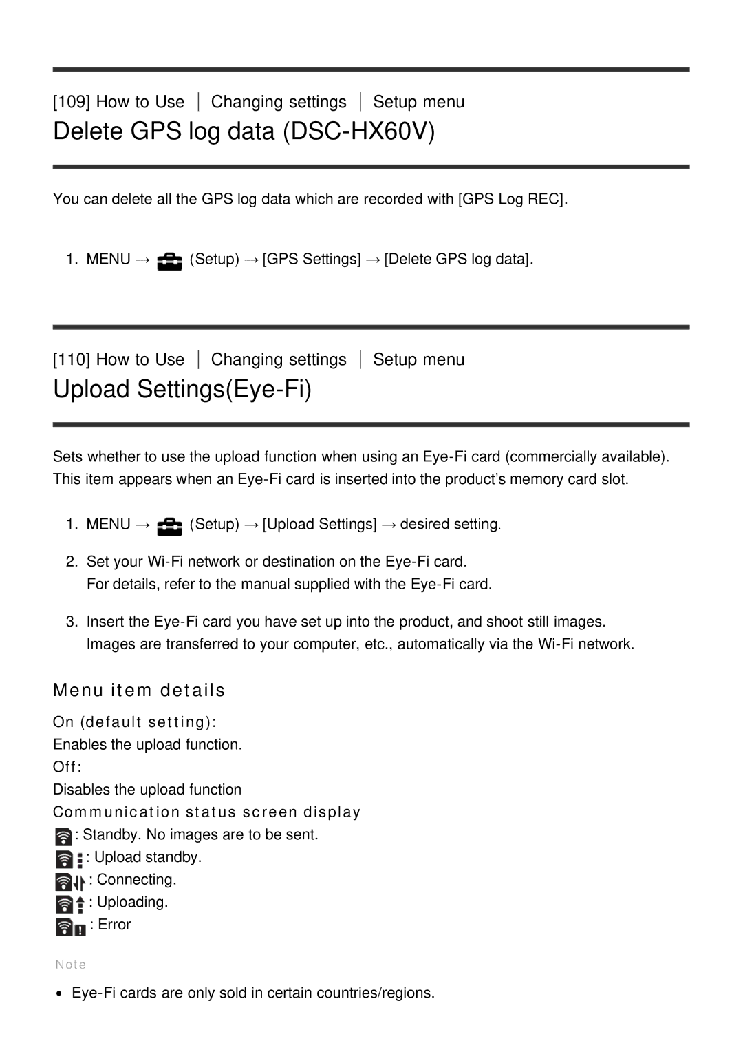 Sony manual Delete GPS log data DSC-HX60V, Upload SettingsEye-Fi, Communication status screen display 