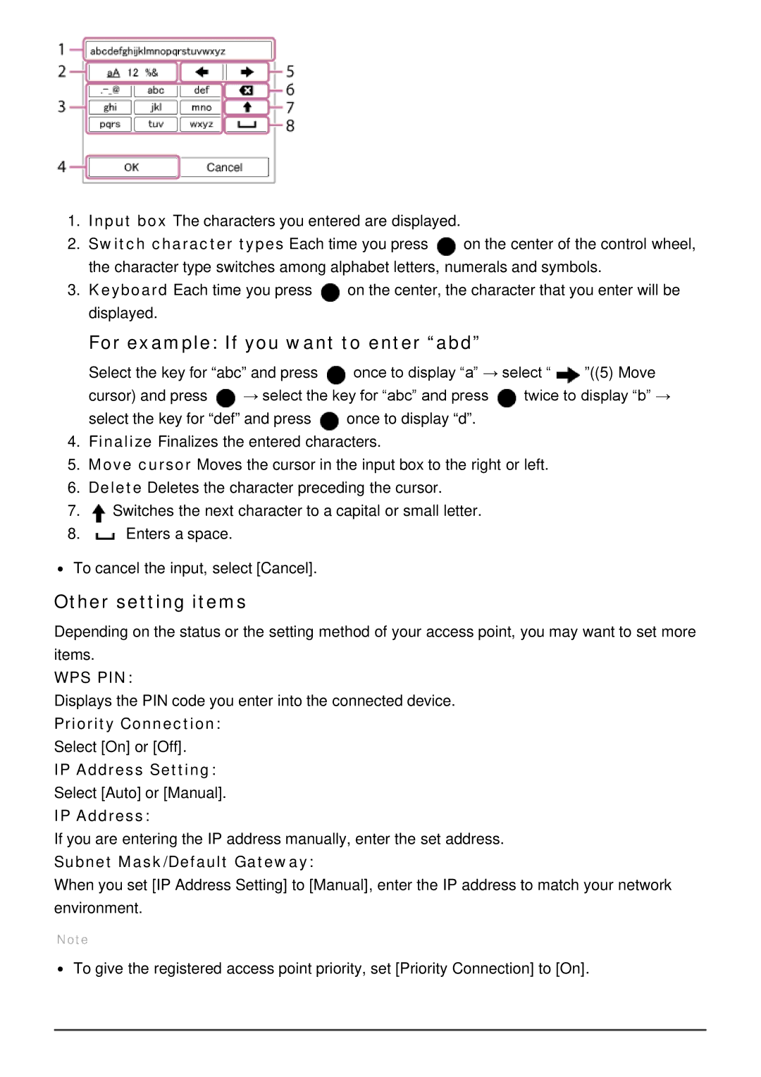 Sony DSC-HX60V manual For example If you want to enter abd, Other setting items 