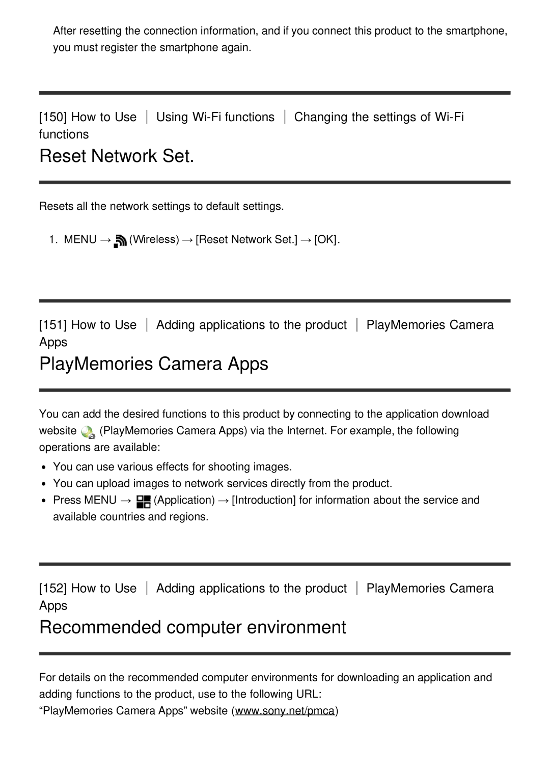 Sony DSC-HX60V manual Reset Network Set, PlayMemories Camera Apps, Recommended computer environment 