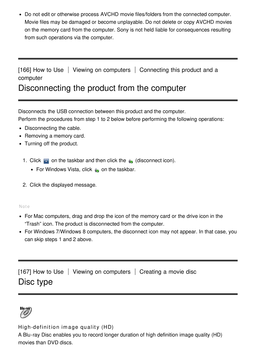 Sony DSC-HX60V manual Disconnecting the product from the computer, Disc type, Viewing on computers Creating a movie disc 