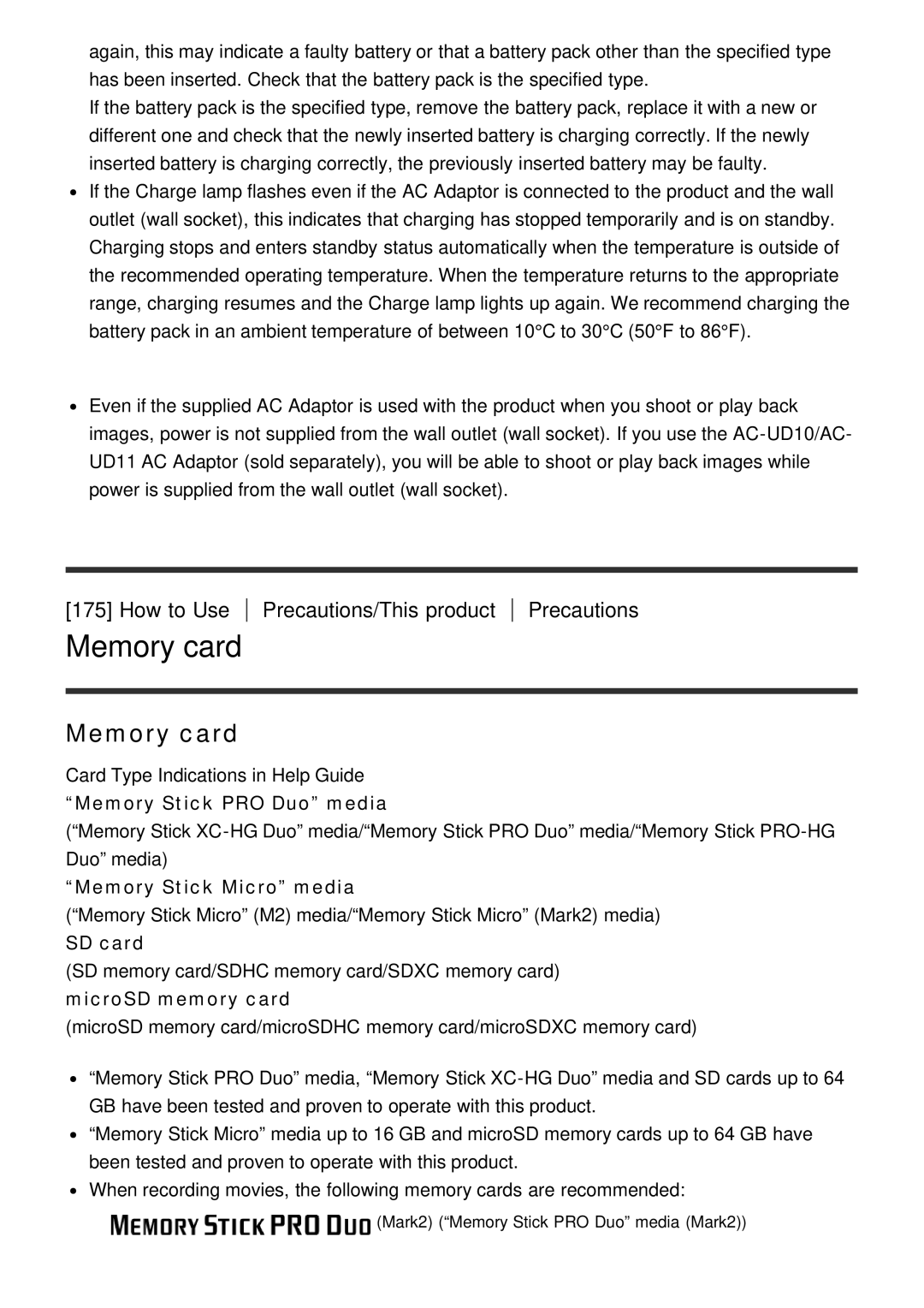 Sony DSC-HX60V manual Memory card, Memory Stick PRO Duo media, Memory Stick Micro media, SD card 