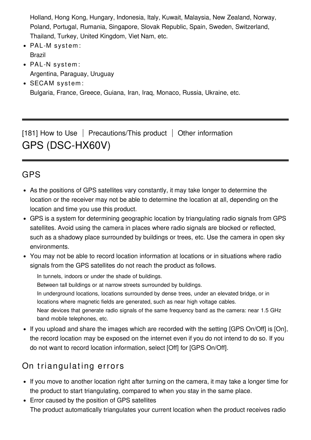 Sony DSC-HX60V manual On triangulating errors, Other information, PAL-M system, PAL-N system, Secam system 