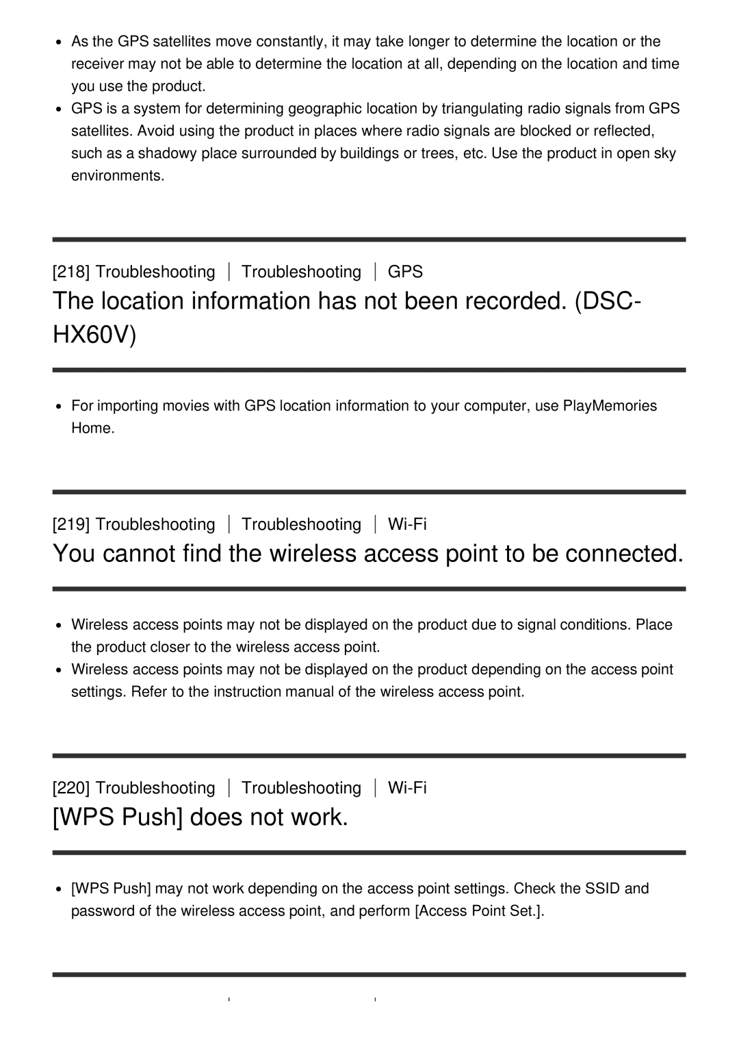 Sony DSC-HX60 manual Location information has not been recorded. DSC- HX60V, WPS Push does not work, Troubleshooting Wi-Fi 