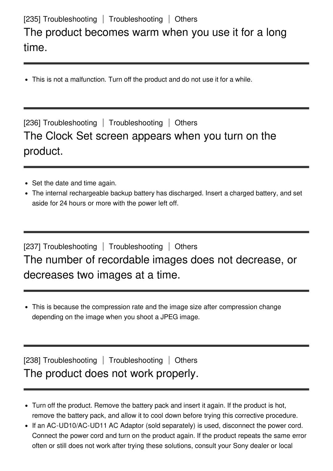 Sony DSC-HX60V Product becomes warm when you use it for a long time, Clock Set screen appears when you turn on the product 