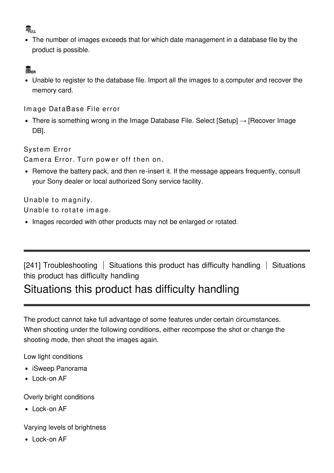 Sony DSC-HX60V manual Situations this product has difficulty handling, Image DataBase File error 