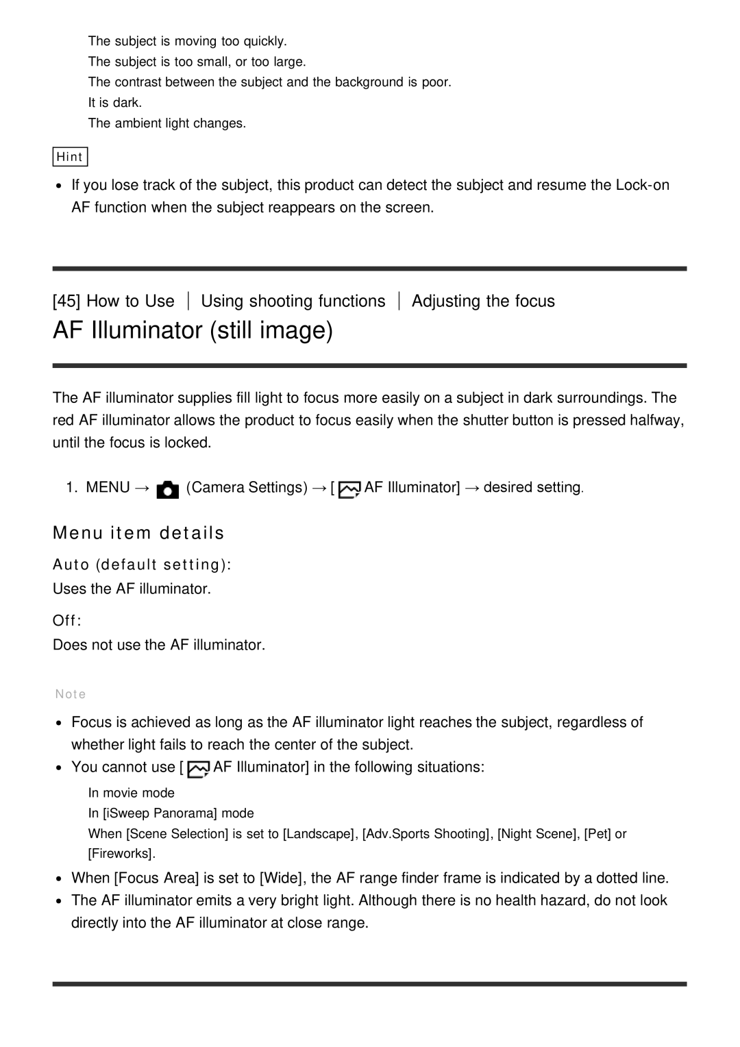 Sony DSC-HX60V manual AF Illuminator still image, Auto default setting 