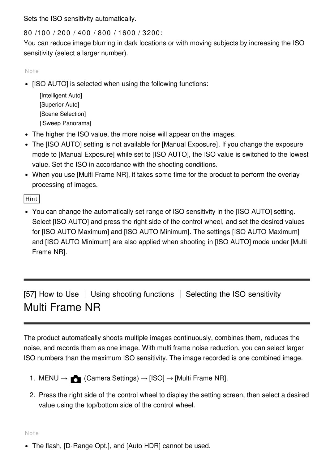 Sony DSC-HX60V manual Multi Frame NR, 80 /100 / 200 / 400 / 800 / 1600 
