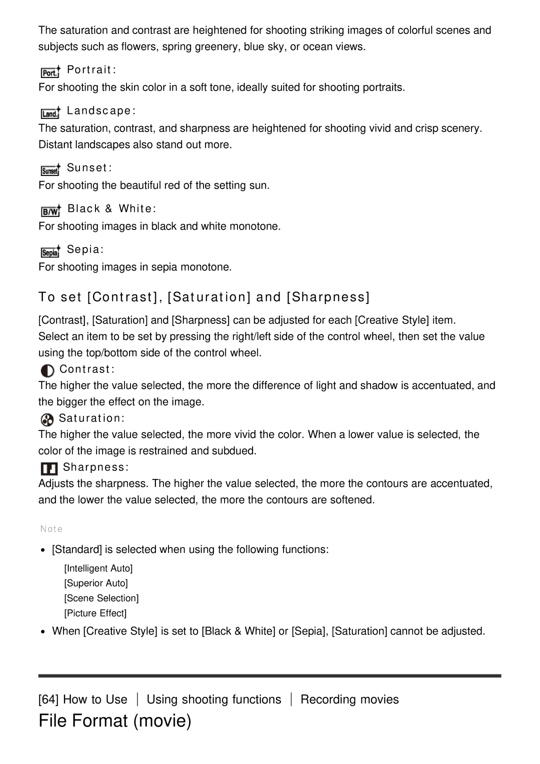 Sony DSC-HX60V manual File Format movie, To set Contrast, Saturation and Sharpness 