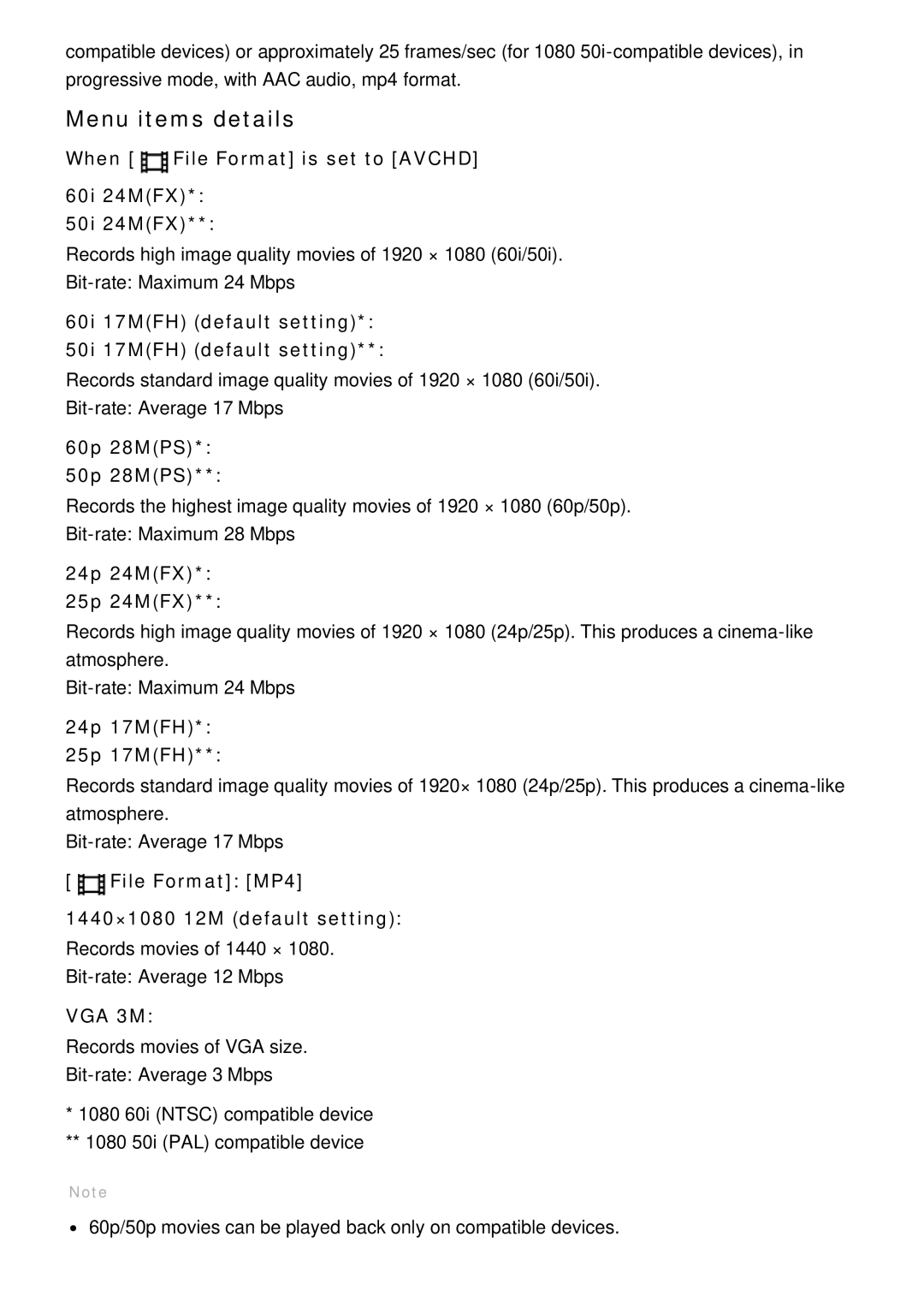 Sony DSC-HX60V manual Menu items details 