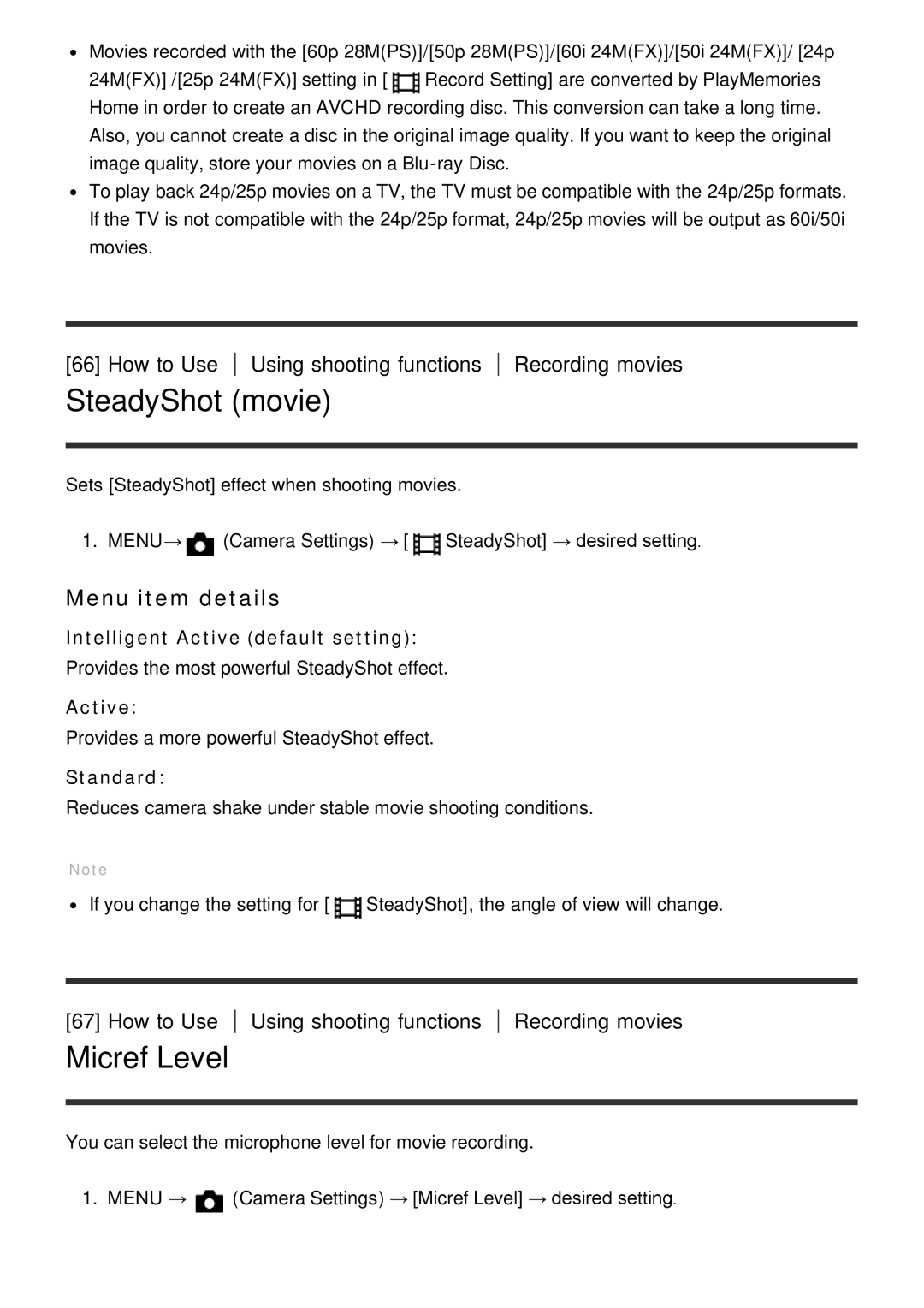 Sony DSC-HX60V manual SteadyShot movie, Micref Level, Using shooting functions Recording movies, Active 