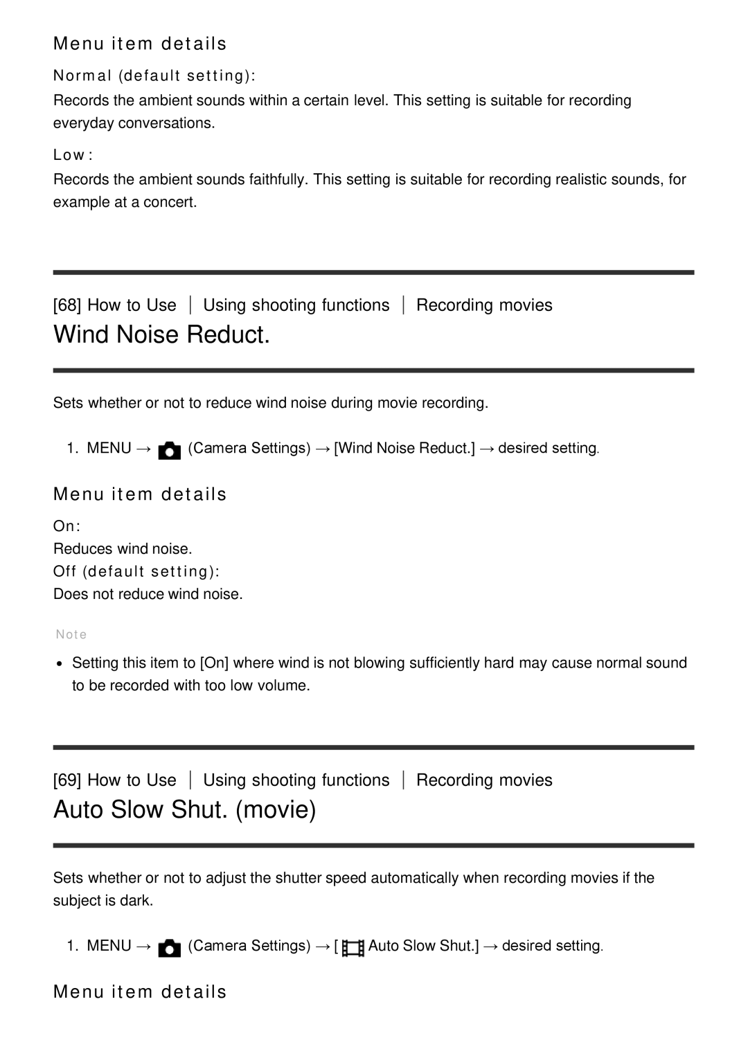 Sony DSC-HX60V manual Wind Noise Reduct, Auto Slow Shut. movie, Normal default setting, Low 