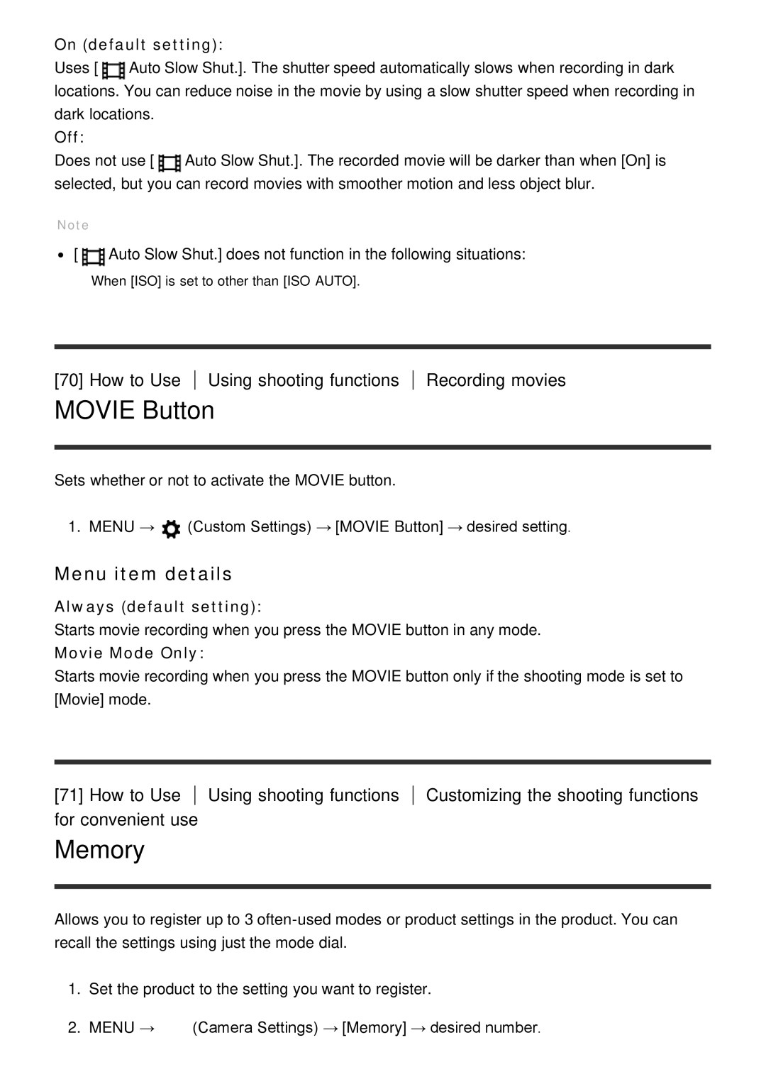 Sony DSC-HX60V manual Movie Button, Memory, How to Use Using shooting functions for convenient use 