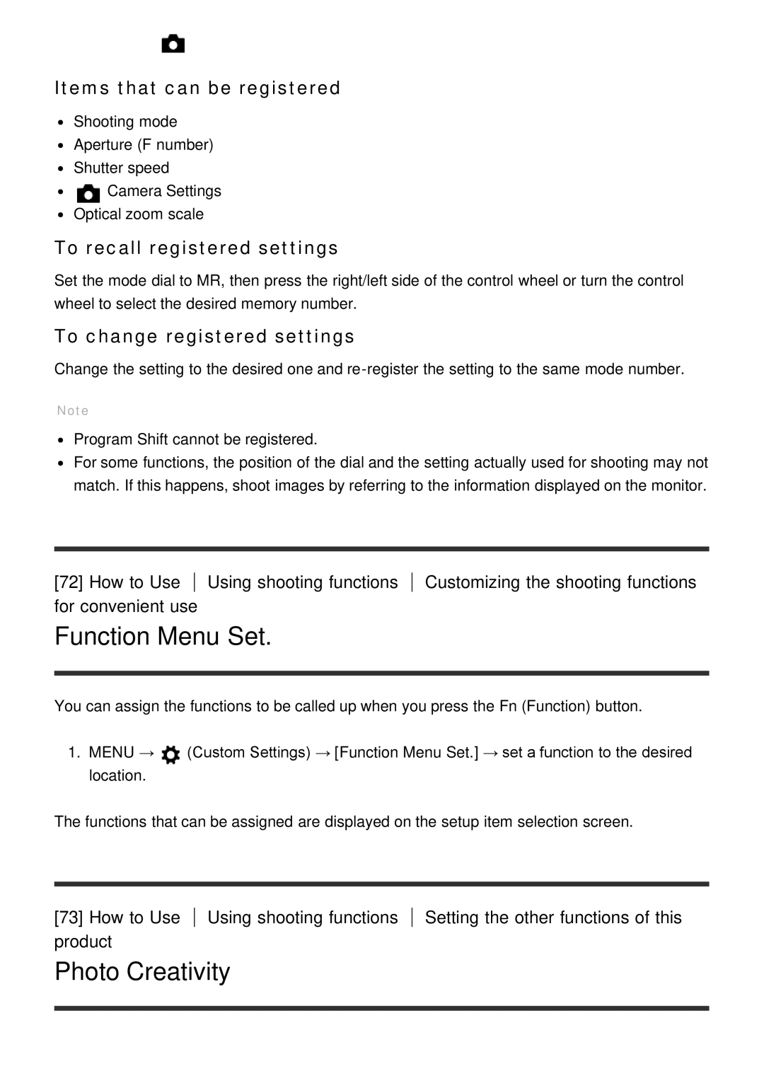 Sony DSC-HX60V manual Function Menu Set, Photo Creativity, Items that can be registered, To recall registered settings 