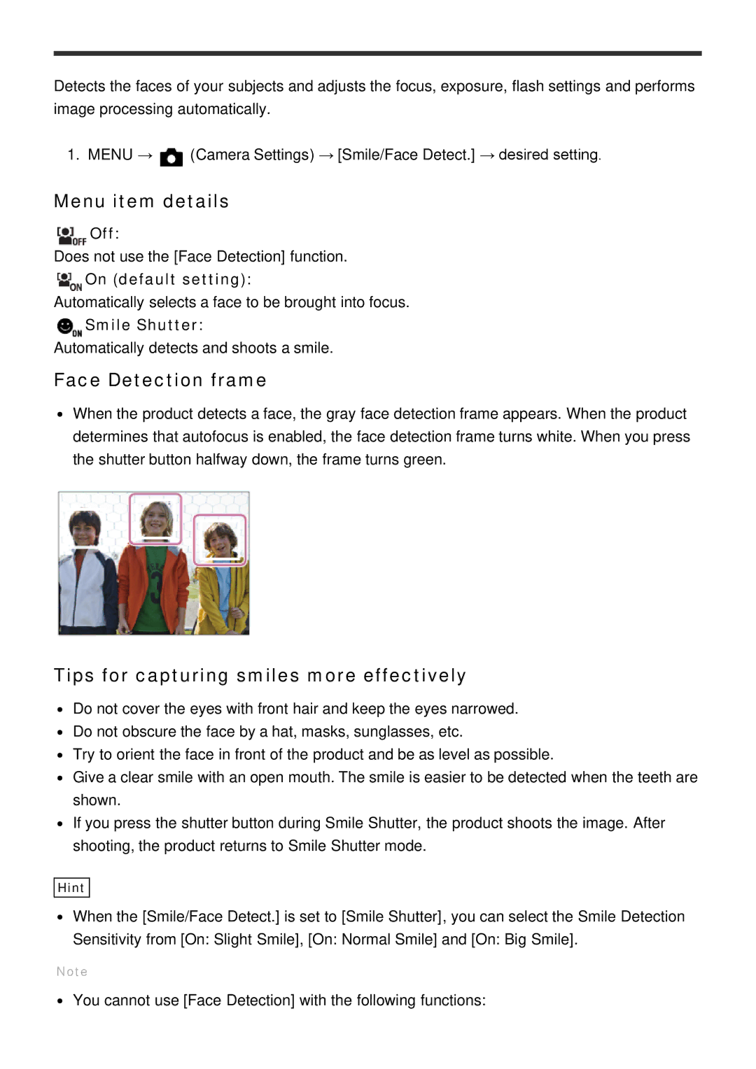 Sony DSC-HX60V manual Face Detection frame, Tips for capturing smiles more effectively, Smile Shutter 