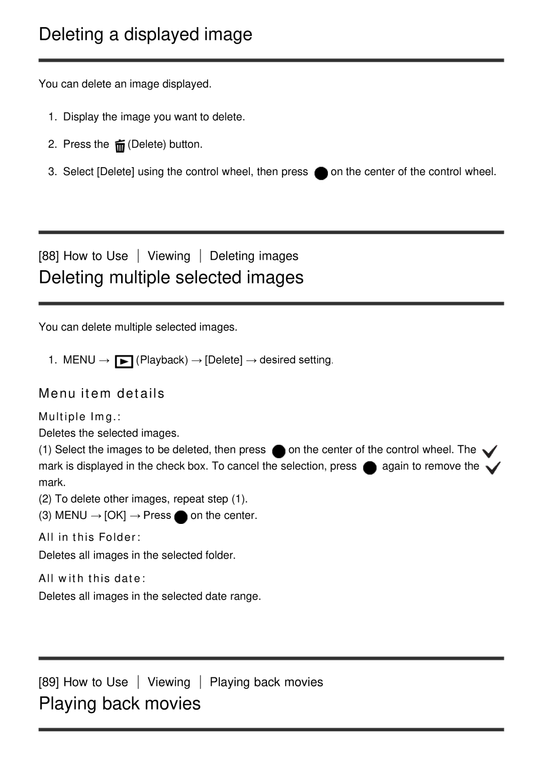 Sony DSC-HX60V manual Deleting a displayed image, Deleting multiple selected images, Playing back movies 